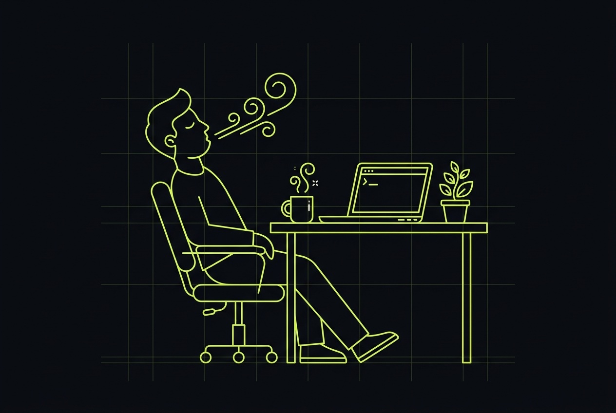 A calm person at a desk with a steaming cup of tea next to an open laptop — vintage woodcut illustration