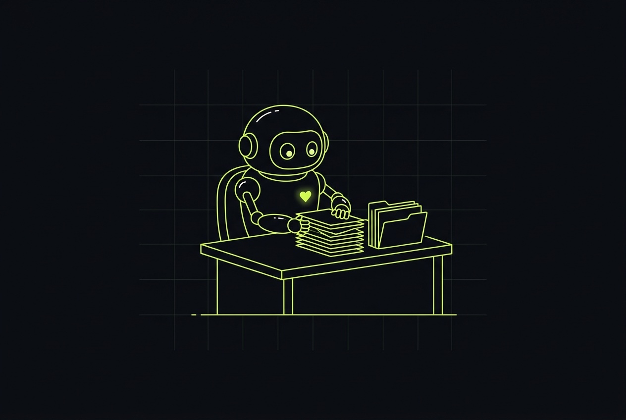 A friendly little robot helper sorting papers at a wooden desk — vintage woodcut illustration