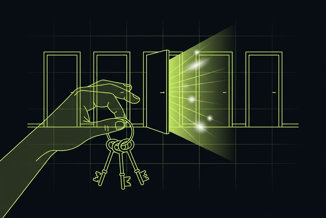 A ring of old keys in front of a row of doors, one door open with light coming through — vintage woodcut illustration