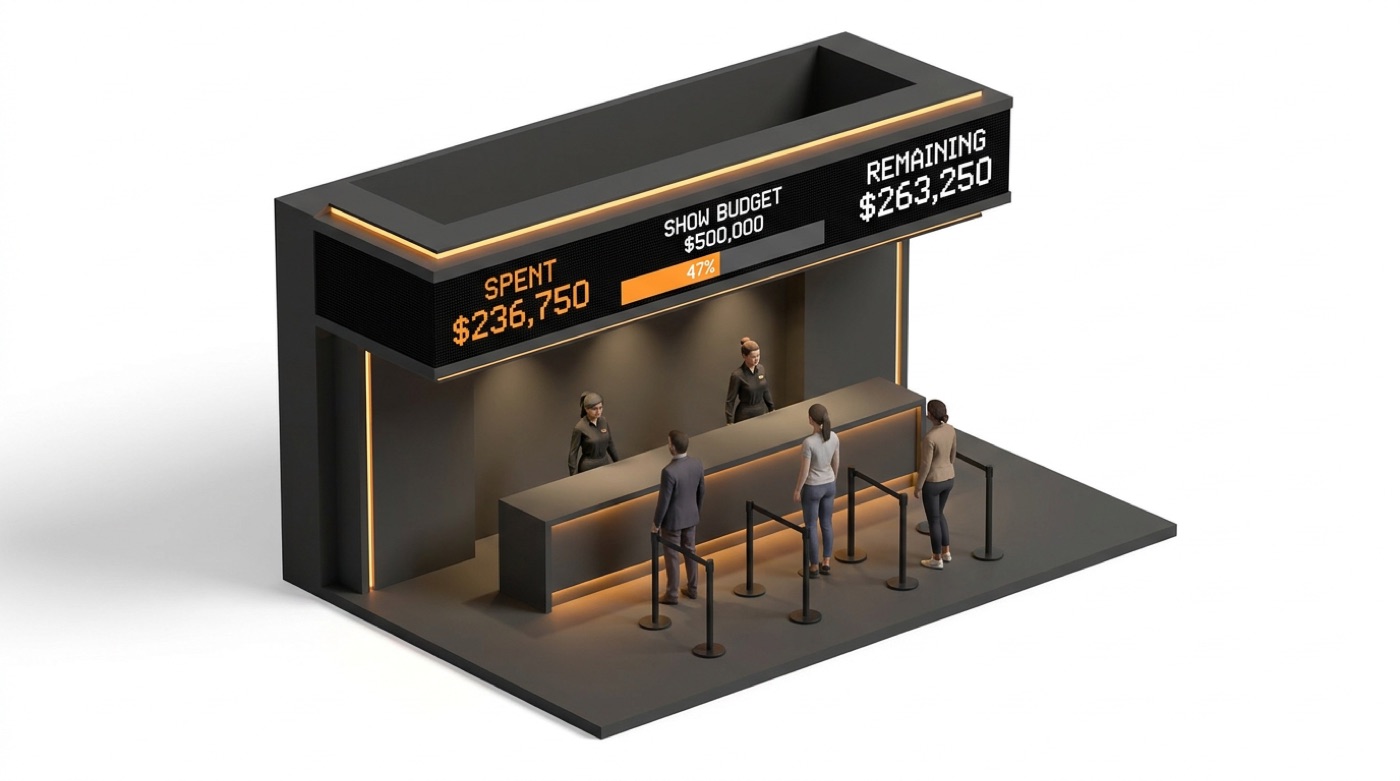 A trade-show booth with a long LED header across the top.